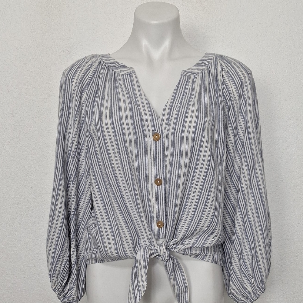 Mustard Seed White Blue Striped Coastal Preppy Cotton Blend Button Front Top S